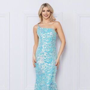 NEW LONG MERMAID SLEEVELESS DRESS WITH ONE SHOULDER NECKLINE & SEQUINS NX R1308